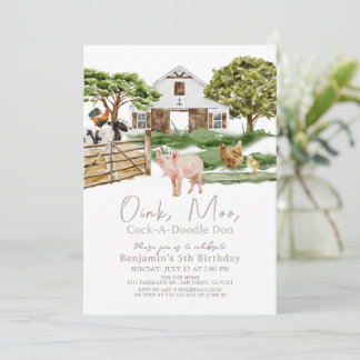 Farm Animals Barnyard Watercolor Kids Birthday Invitation