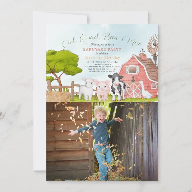Farm Animals Barnyard Watercolor Photo Birthday Invitation (Front)