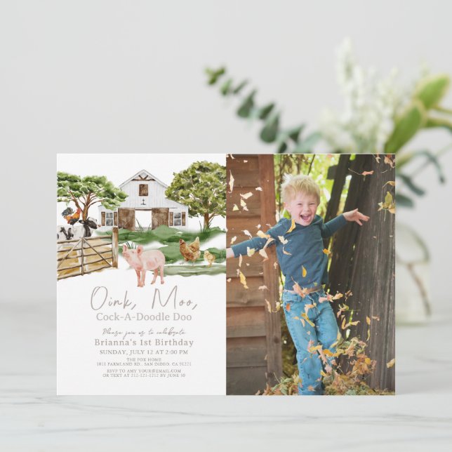 Farm Animals Barnyard Watercolor Photo Birthday Invitation (Standing Front)