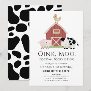 Farm Animals Barnyard White 1st Birthday Invitation
