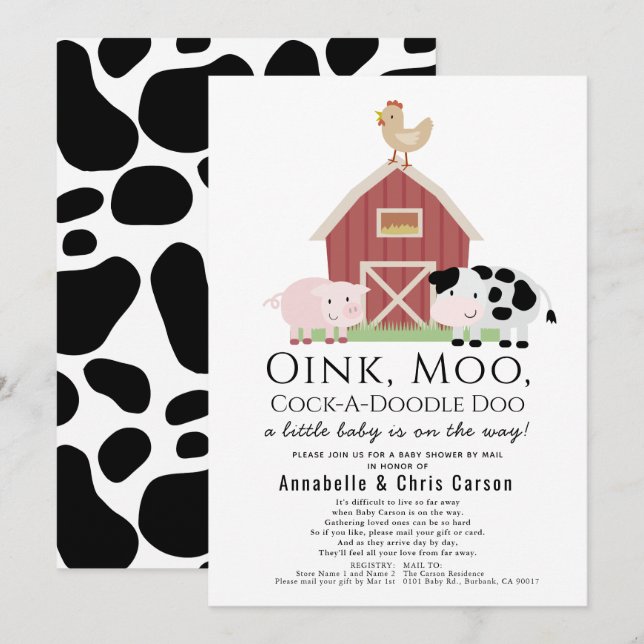Farm Animals Barnyard White Baby Shower by Mail Invitation (Front/Back)