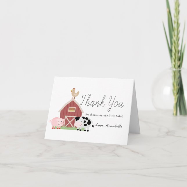 Farm Animals Barnyard White Baby Shower Thank You Card (Front)
