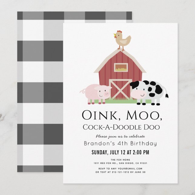 Farm Animals Barnyard White Birthday Invitation (Front/Back)