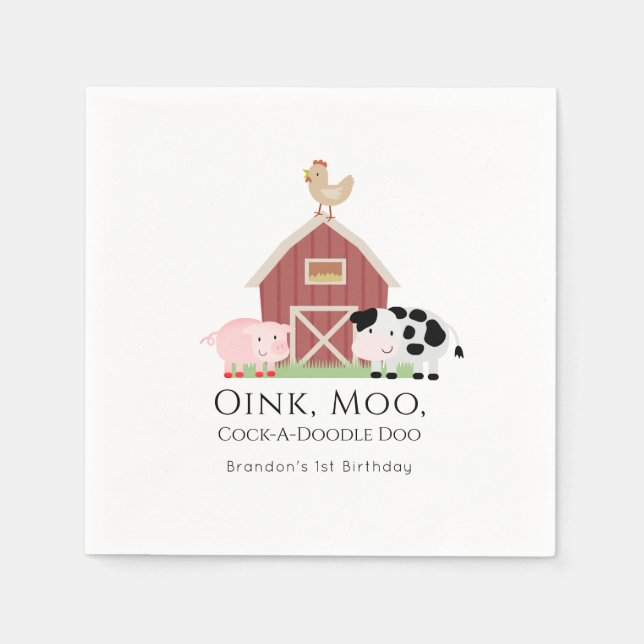 Farm Animals Barnyard White Birthday Paper Napkin (Front)