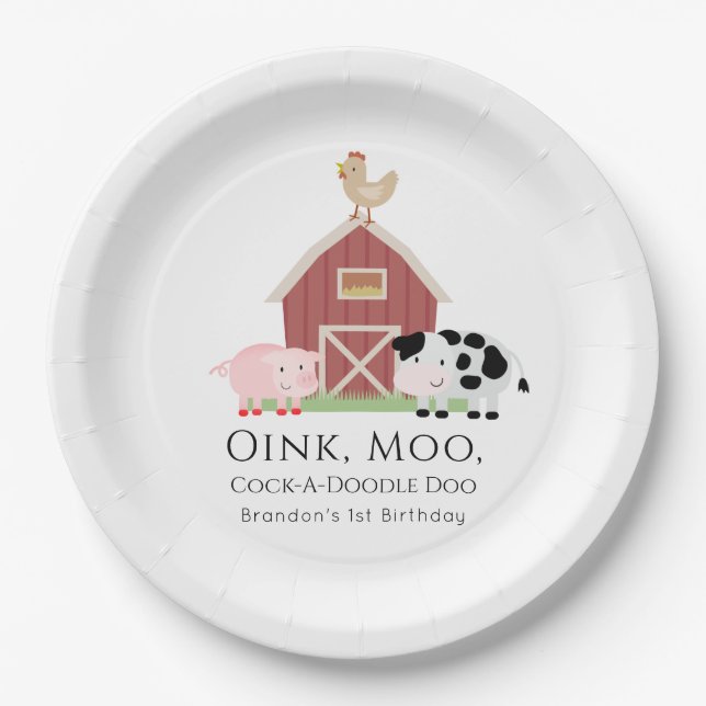 Farm Animals Barnyard White Birthday Paper Plate (Front)