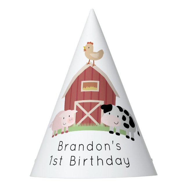 Farm Animals Barnyard White Birthday Party Hat (Front)
