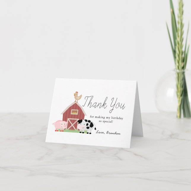 Farm Animals Barnyard White Birthday Thank You Card (Front)