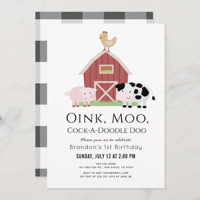 Farm Animals Barnyard White Gingham 1st Birthday Invitation (Front/Back)