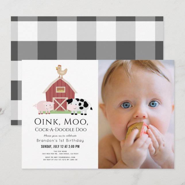 Farm Animals Barnyard White Photo 1st Birthday Inv Invitation (Front/Back)