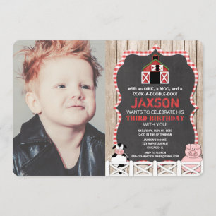 Farm animals birthday boy red black photo invitation