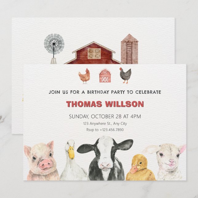 Farm Animals birthday Invitation (Front/Back)