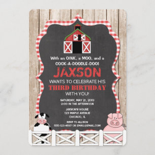 Farm animals birthday invitation boy red black