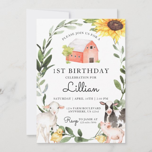 Farm Animals Birthday Invitation with Sunflower (Front)