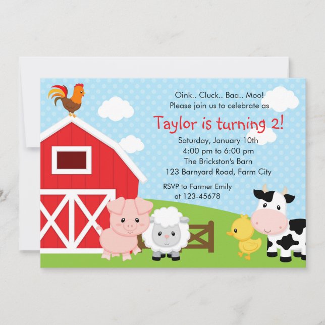 Farm Animals Birthday Invitations - Boy Barnyard (Front)