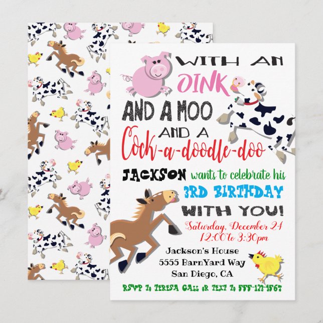 Farm Animals Birthday Party Invitation (Front/Back)