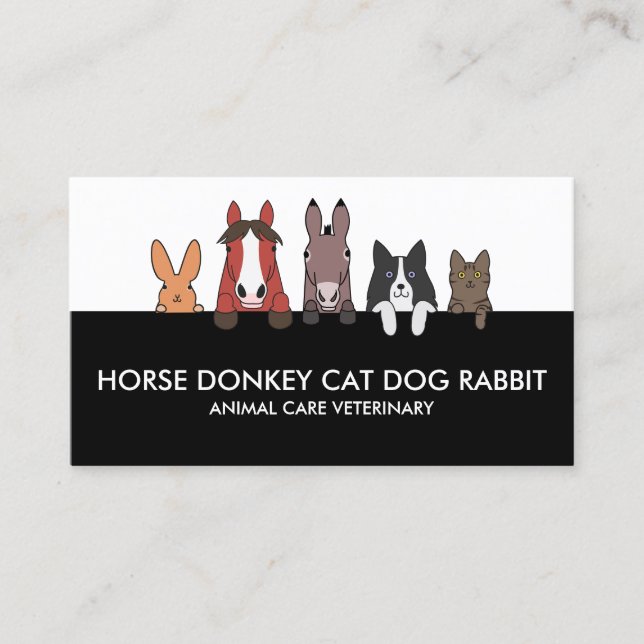 Farm Animals Black Horse Donkey Cat Dog Rabbit Business Card (Front)