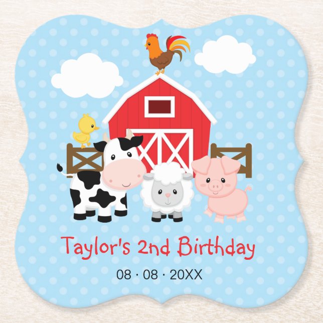 Farm Animals (Blue) Birthday Party / Baby Shower Paper Coaster (Front)