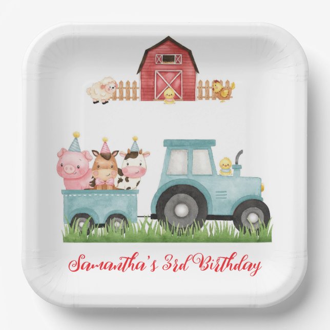 Farm Animals Blue Boy Barnyard Birthday Party Paper Plate (Front)