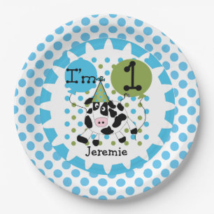 Farm Animals Blue Cow 1st Birthday Paper Plates