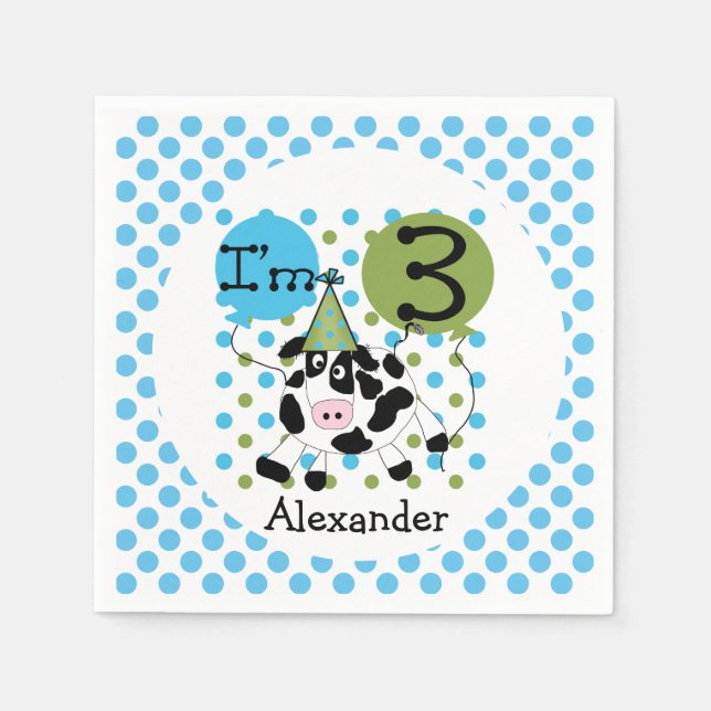 Farm Animals Blue Cow 3rd Birthday Paper Napkins (Front)