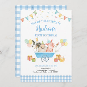 Farm Animals Blue Gingham Boy Girl First Birthday Invitation