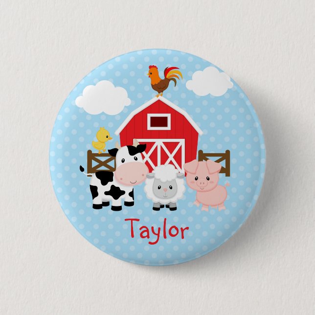 Farm Animals (Blue) Personalised Kids Buttons (Front)