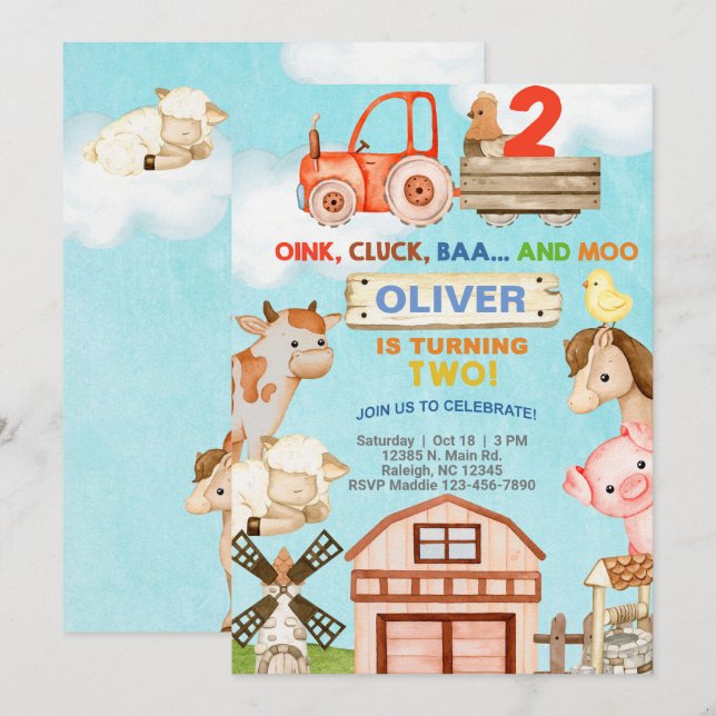 Farm animals boy 2nd birthday invitation. invitati invitation (Front/Back)
