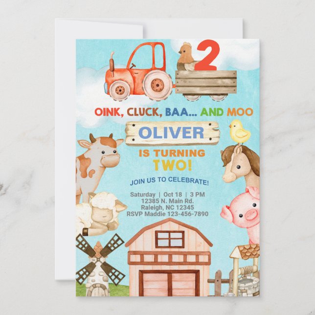 Farm animals boy 2nd birthday invitation. invitation (Front)