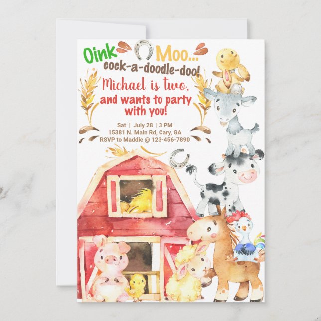 Farm animals boy birthday invitation. invitation (Front)
