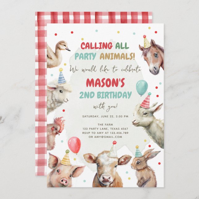 Farm Animals Boy Calling Party Animals Birthday In Invitation (Front/Back)