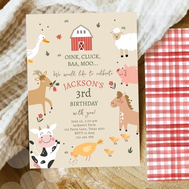 Farm Animals Boy Gingham Barnyard Birthday Invitation (Creator Uploaded)