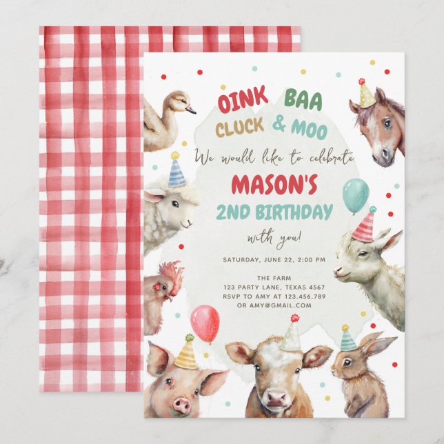 Farm Animals Boy Red Gingham Barnyard Birthday Inv Invitation (Front/Back)