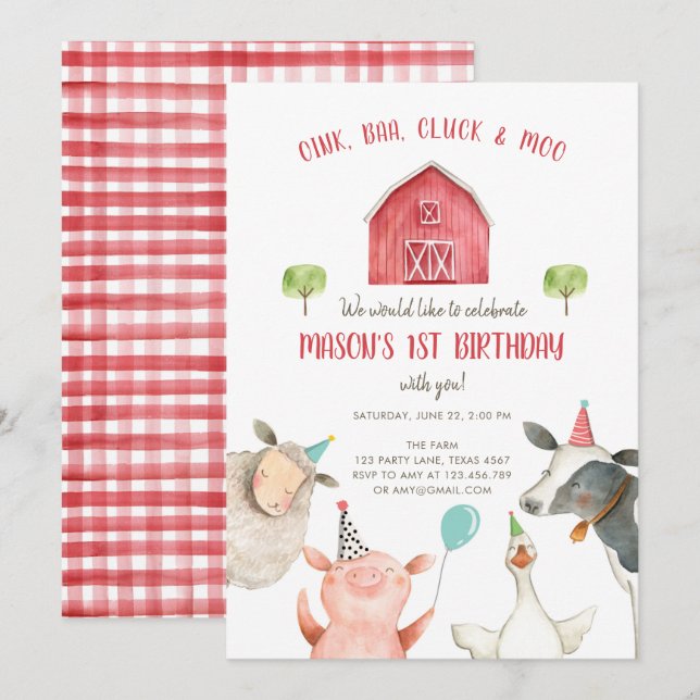 Farm Animals Boy Red Gingham Barnyard Birthday Invitation (Front/Back)