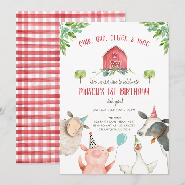 Farm Animals Boy Red Gingham Barnyard Birthday Invitation (Front/Back)