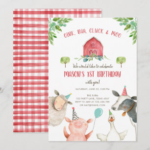 Farm Animals Boy Red Gingham Barnyard Birthday Invitation