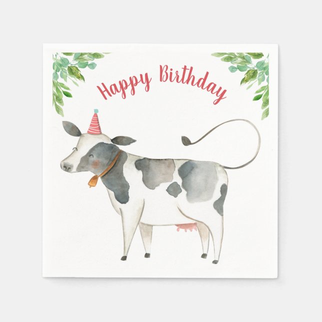 Farm Animals Cow Boy Birthday Barnyard Greenery Napkin (Front)