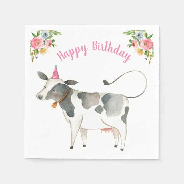 Farm Animals Cow Girl Birthday Barnyard Pink Napkin (Front)