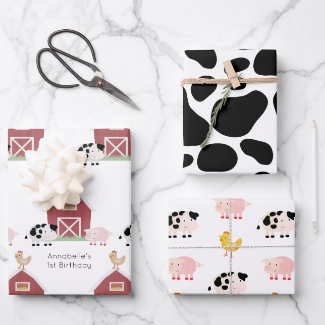 Farm Animals & Cow Pattern White Birthday Wrapping Paper Sheet (Front)