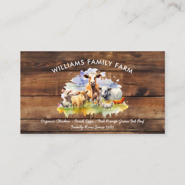 Farm Animals Cow Pig Chicken Watercolor Business Card (Front)