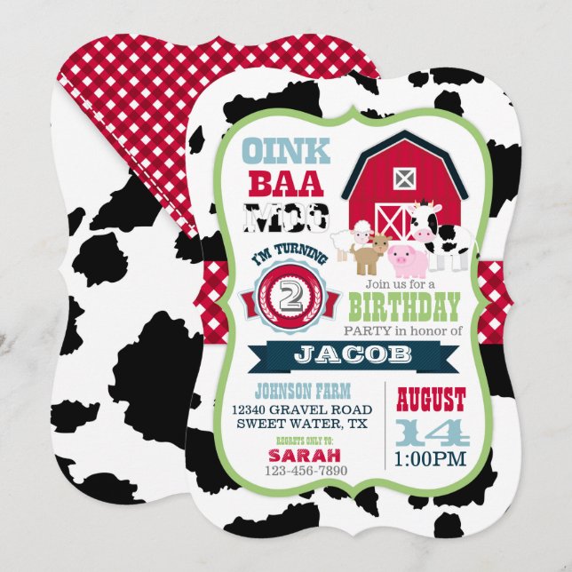 Farm Animals Cowhide Gingham Country Boy Birthday Invitation (Front/Back)