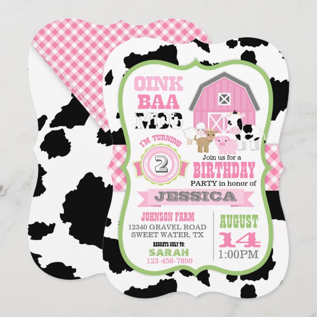 Farm Animals Cowhide Gingham Country Girl Birthday Invitation (Front/Back)