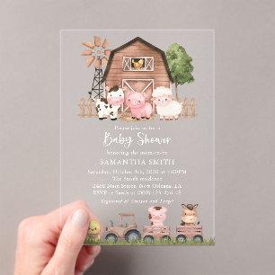 Farm Animals, Cute Animals, Barn, Baby Shower Acrylic Invitations