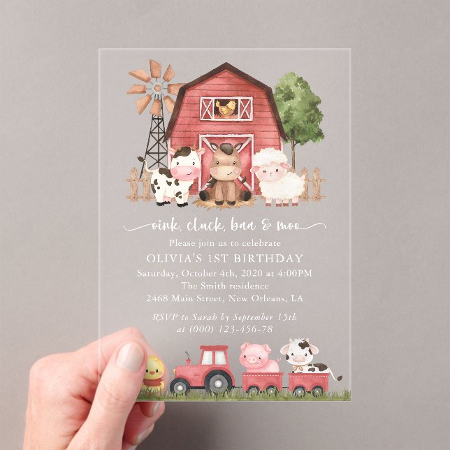 Farm Animals, Cute Animals, Barn, First Birthday Acrylic Invitations (Insitu (Handheld))