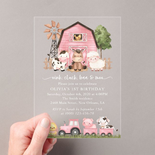 Farm Animals, Cute Animals, Barn, First Birthday Acrylic Invitations (Insitu (Handheld))