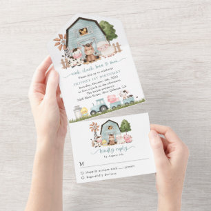 Farm Animals, Cute Animals, Barn, First Birthday All In One Invitation