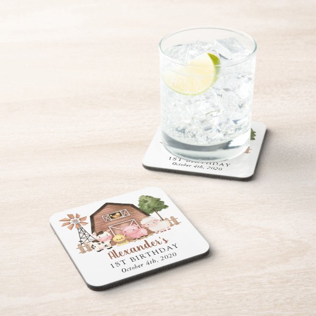 Farm Animals, Cute Animals, Barn, First Birthday Coaster (Right Side)
