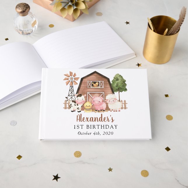 Farm Animals, Cute Animals, Barn, First Birthday Guest Book (Front Open)