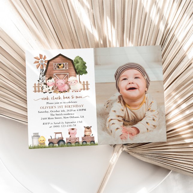 Farm Animals, Cute Animals, Barn, First Birthday Invitation (Creator Uploaded)