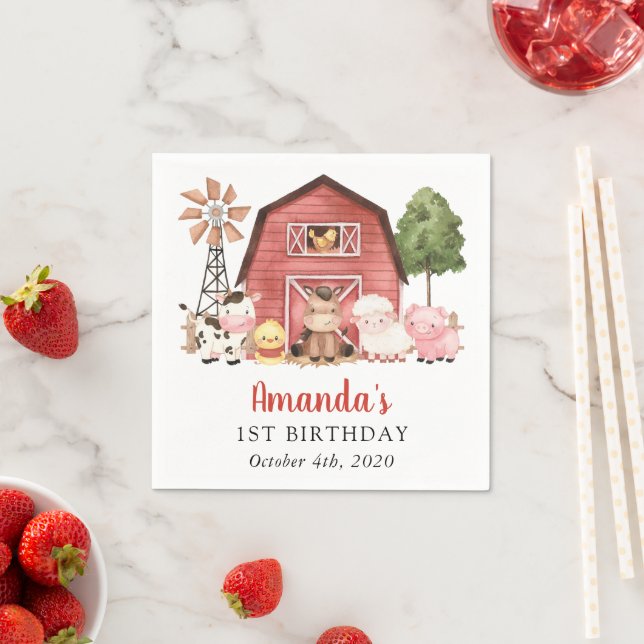 Farm Animals, Cute Animals, Barn, First Birthday Napkin (Insitu)