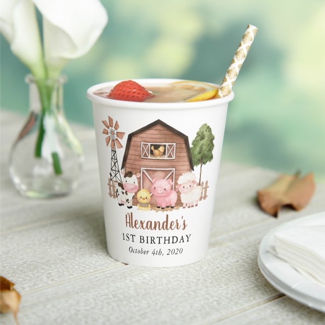 Farm Animals, Cute Animals, Barn, First Birthday Paper Cups (Insitu)